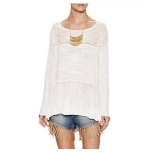 Free People Kristobel Ruffled Crochet Knit Long‎ Sleeve Cream Medium Sweater Top